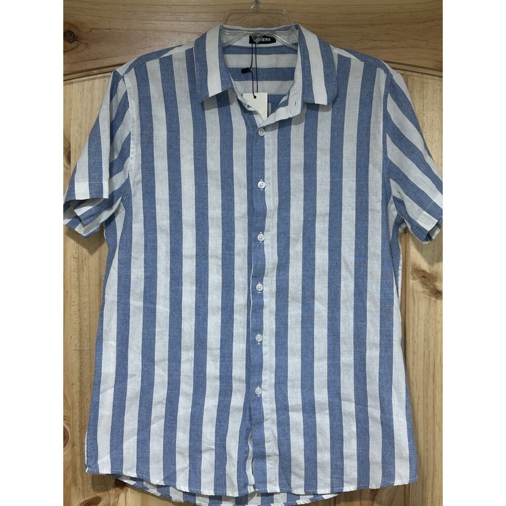 Women’s Short Sleeve Button Down Shirt Blue White Stripes Linen Look Medium NWT